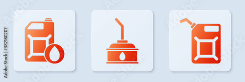 Set Canister for motor machine oil, Canister for motor machine oil and Canister for gasoline. White square button. Vector.
