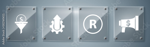 Set Megaphone and dollar, Registered Trademark, Arrow growth gear business and Lead management. Square glass panels. Vector.