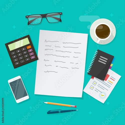 Writing text content vector on education working desk table above, creating essay document, journalism research workplace flat lay illustration, author or editor desktop with glasses, pen, coffee cup