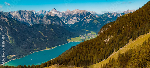 Beautiful alpine far view of the Achensee at the famous Rofan summit, Maurach, Achensee, Pertisau, Tyrol, Austria