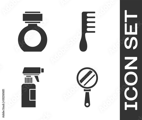 Set Hand mirror, Aftershave, Hairdresser pistol spray bottle and Hairbrush icon. Vector.