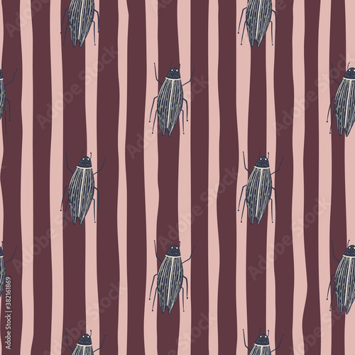 Seamless botanic pattern with flat bugs shapes. Grey insect forms on stripped backgrond with pink and maroon lines.