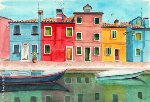 Watercolor illustration of Burano quarter in Venice with colored houses reflected in the water of the canal and some boats