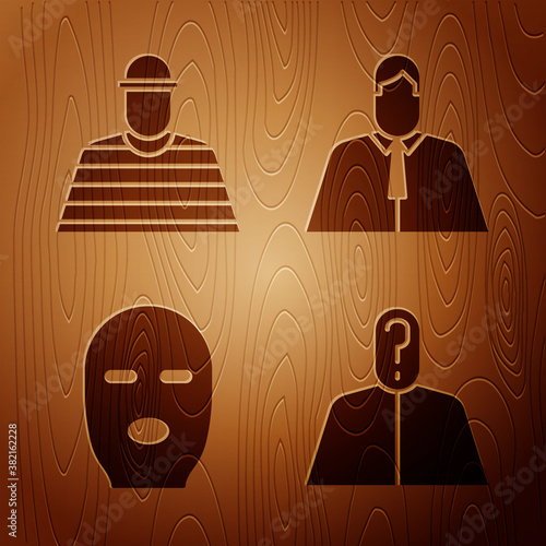 Set Anonymous with question mark, Prisoner, Thief mask and Lawyer, attorney, jurist on wooden background. Vector.