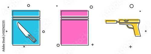 Set Evidence bag and knife, Plastic bag with ziplock and Pistol or gun with silencer icon. Vector.