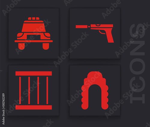 Set Judge wig, Police car and flasher, Pistol or gun with silencer and Prison window icon. Vector.