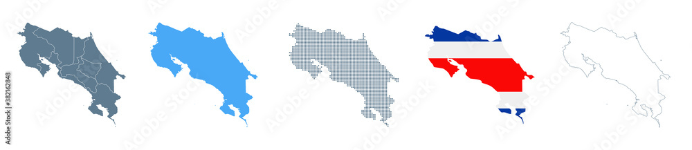 Costa Rica Map Set - Vector Solid, Contour, Regions, Flag, Pixels
