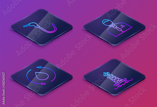 Set Isometric line Gasoline pump nozzle, Oil drop, Businessman or stock market trader and Oil rig with fire. Blue square button. Vector.
