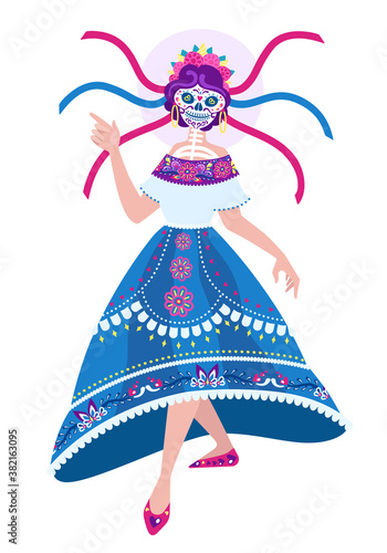 Dancing Calavera Catrina - vector full body portrait. Character for Dia de Los Muertos poster, greeting card, banner, invitation. Day of The Dead - girl skeleton wearing in folk mexican style