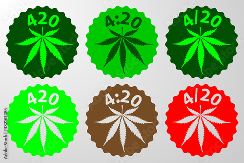 Marijuana leaf - 420, 4:20, 4/20 text green, brown  and red vector illustration, International day for cannabis, April 20,