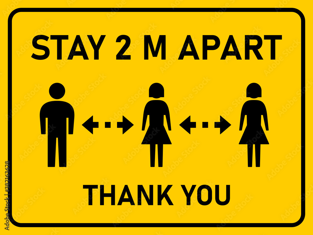 Stay 2 M or 2 Metres Apart Thank You Horizontal Social Distancing Instruction Sign with an Aspect Ratio of 4:3. Vector Image.