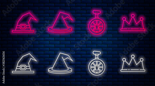 Set line Witch hat, Unicycle or one wheel bicycle, Witch hat and Crown. Glowing neon icon on brick wall. Vector.