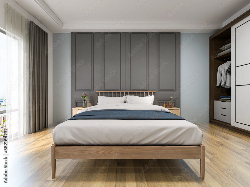 The clean and tidy bedroom has a bed and cupboard The clean and tidy bedroom has a bed and cupboard