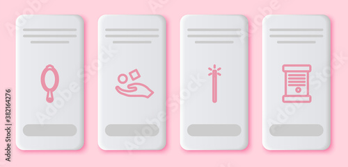 Set line Magic hand mirror, Cube levitating above, wand and Decree, paper, parchment, scroll. White rectangle button. Vector.