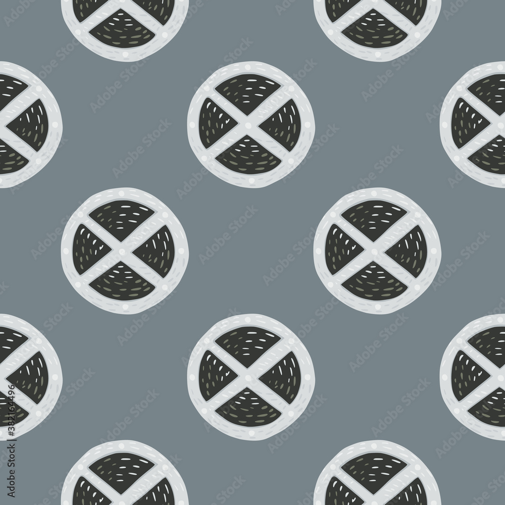 Doodle seamless pattern with circle wood shield silhouettes. Grey palette middle ages artwork. Historical protection print. Doodle seamless pattern with circle wood shield silhouettes. Grey palette middle ages artwork. Historical protection print.