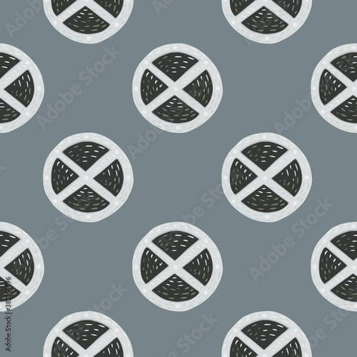 Doodle seamless pattern with circle wood shield silhouettes. Grey palette middle ages artwork. Historical protection print.