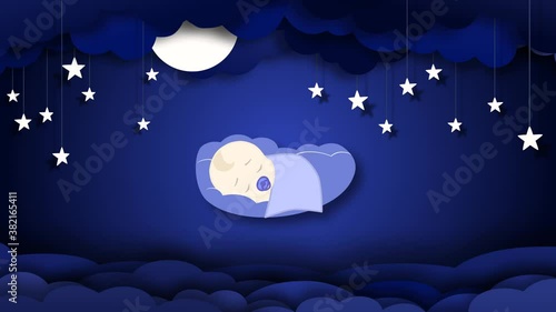 2d animation of a baby boy sleeping in blue colors. Moon, clouds and stars in the dark sky