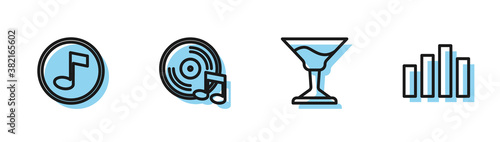 Set line Cocktail, Music note, tone, Vinyl disk and equalizer icon. Vector.