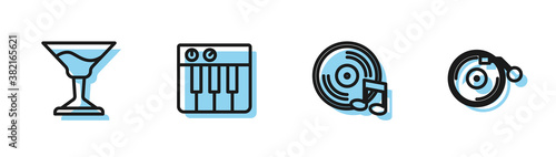Set line Vinyl disk, Cocktail, Music synthesizer and player with icon. Vector.