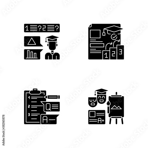 Questioning checklist black glyph icons set on white space. Succesful examination. Academic degree. Education in university. Graduate level. Silhouette symbols. Vector isolated illustration