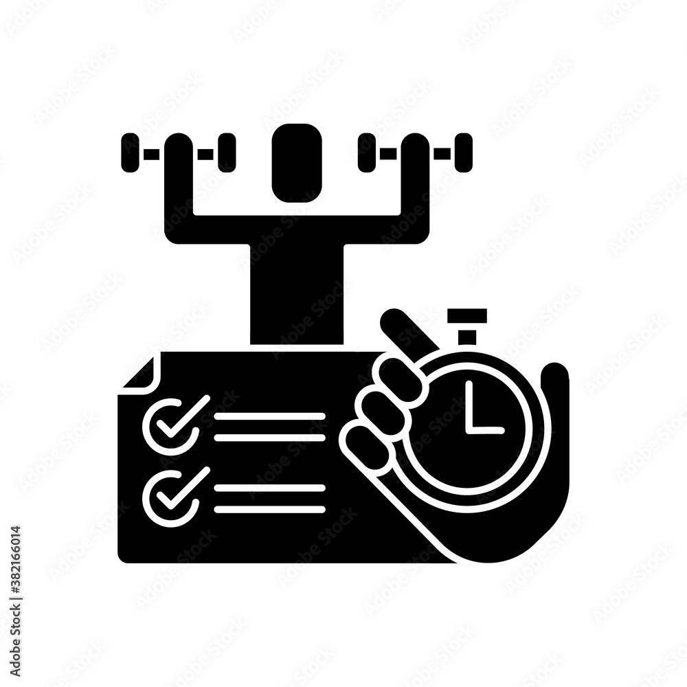 Physical abilities test black glyph icon. Sports achivments. Time task. Sport skills testing. Measure physical capabilities. Silhouette symbol on white space. Vector isolated illustration Physical abilities test black glyph icon. Sports achivments. Time task. Sport skills testing. Measure physical capabilities. Silhouette symbol on white space. Vector isolated illustration