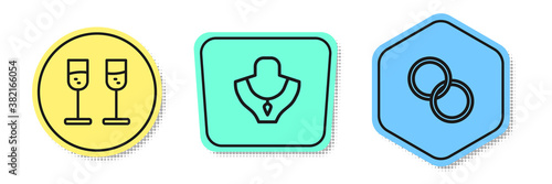 Set line Glass of champagne, Necklace on mannequin and Wedding rings. Colored shapes. Vector.