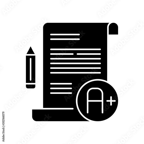 Essay examination black glyph icon. Succesful result. Comprehensive exam. Highest grade. Pencil and paper. Writing testing. Silhouette symbol on white space. Vector isolated illustration