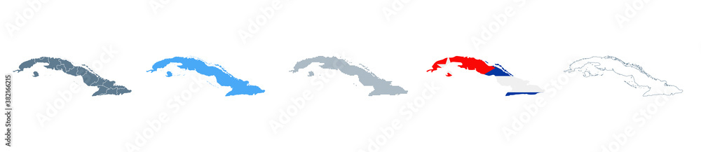 Fototapeta premium Cuba Map Set - Vector Solid, Contour, Regions, Flag, Pixels