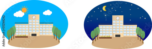 朝・昼の学校と夜の学校のシンプルで可愛い建物イラスト