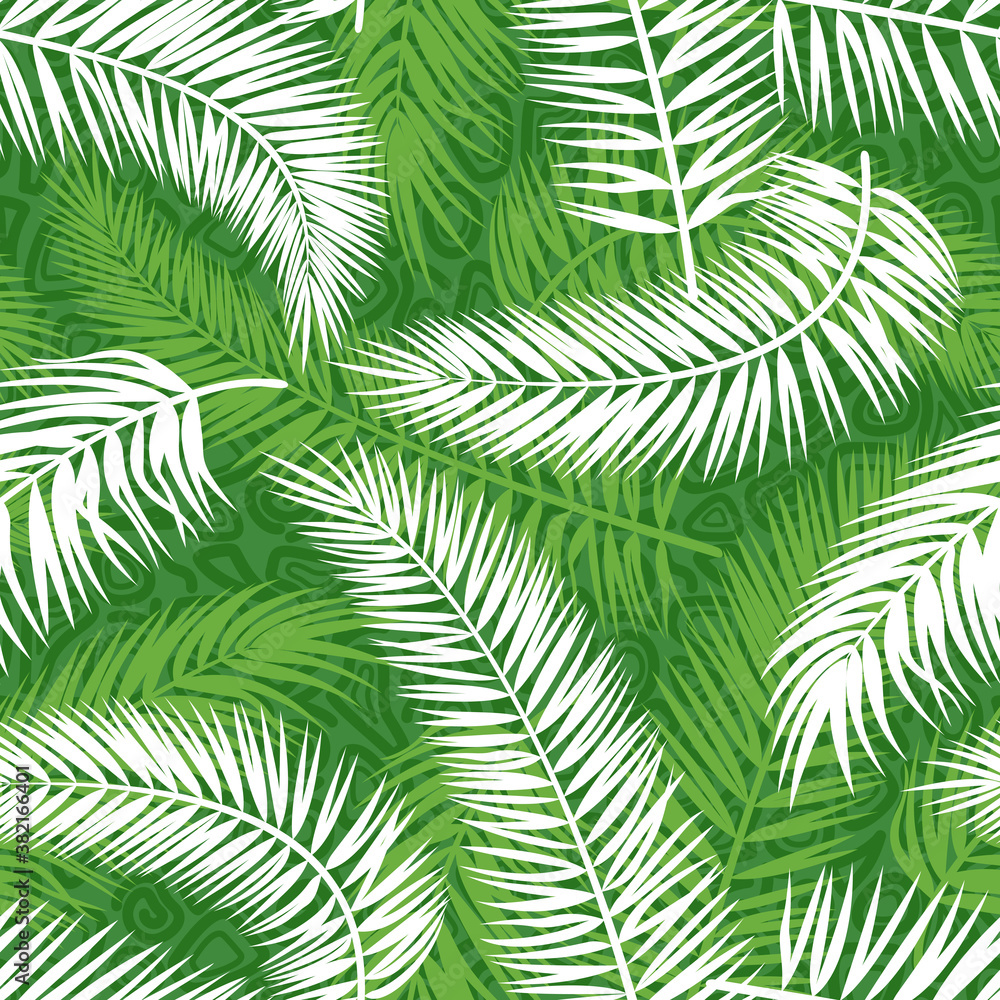 Seamless Background, Tropical Palm Trees Green and White Leaves, Tile Pattern. Vector