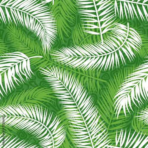 Fototapeta Naklejka Na Ścianę i Meble -  Seamless Background, Tropical Palm Trees Green and White Leaves, Tile Pattern. Vector