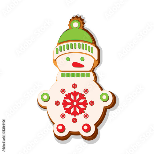 Merry Christmas. Christmas gingerbread cookies  with picture of snowman. Winter holiday food. Vector illustration