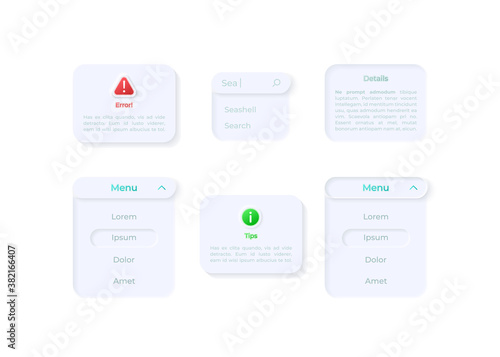 Info panels UI elements kit. Search field. Dropdown menu isolated vector icon, bar and dashboard template. Web design widget collection for mobile application with light theme interface