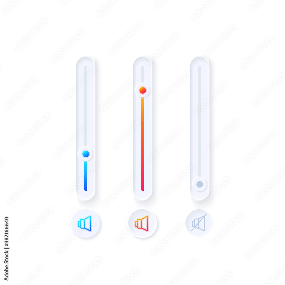 Tuner UI elements kit. Volume level adjustment. Music player isolated vector icon, bar and dashboard template. Web design widget collection for mobile application with light theme interface Tuner UI elements kit. Volume level adjustment. Music player isolated vector icon, bar and dashboard template. Web design widget collection for mobile application with light theme interface