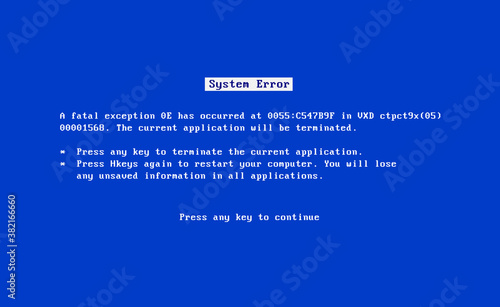 BSOD screen old 98 error crash software. Bluescreen death system pc bug, bsod screen
