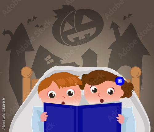 Brother and sister under the blanket in bedroom read a scary Halloween book, cartoon vector illustration