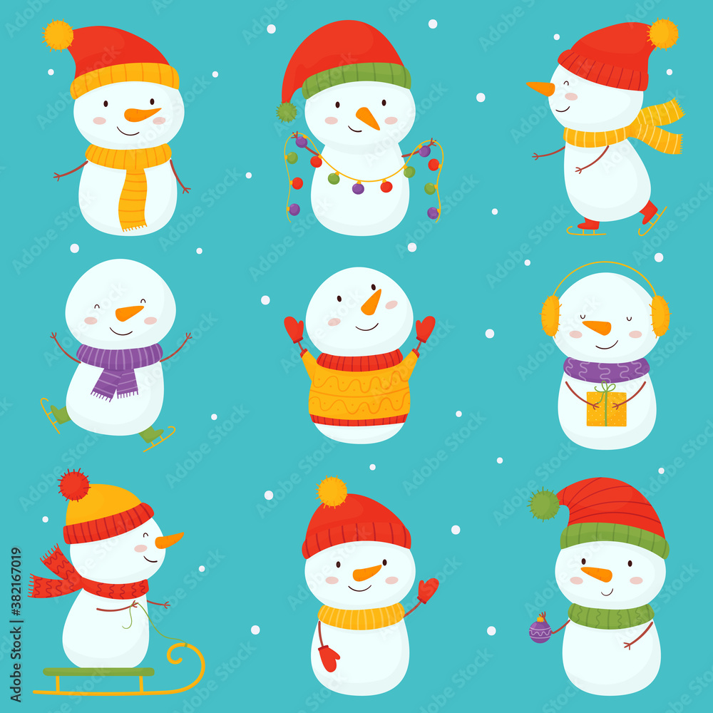 Set of cute Christmas snowmen flat vector illustrations. . Cheerful snowmen in different costumes on a blue background. Set of cute Christmas snowmen flat vector illustrations. . Cheerful snowmen in different costumes on a blue background.