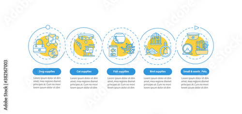 Pet store offers vector infographic template. Animal items to buy presentation design elements. Data visualization with 5 steps. Process timeline chart. Workflow layout with linear icons