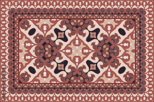 Vintage Arabic pattern. Persian colored carpet. Rich ornament for fabric design, handmade, interior decoration, textiles. Red background.