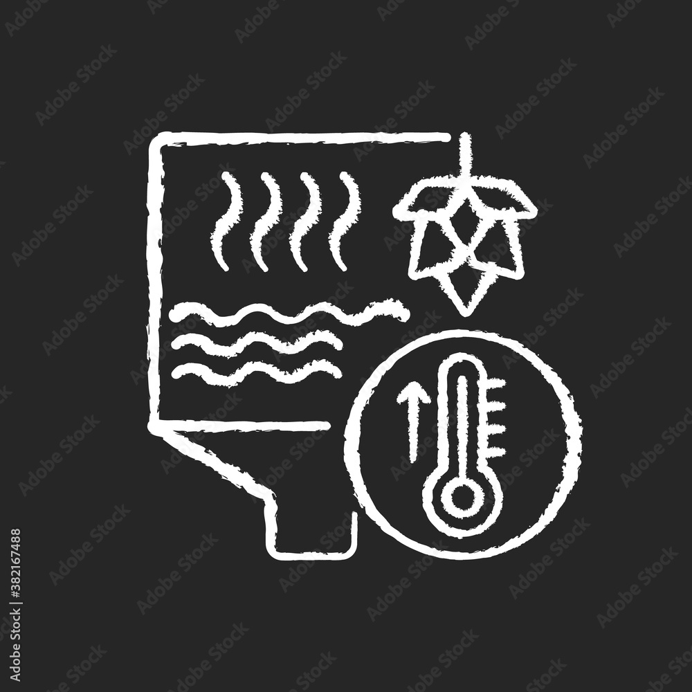 Boiling chalk white icon on black background. Heating liquid in industrial barrel. Brewery production. Hops fermentation for beer. Manufacturing process. Isolated vector chalkboard illustration