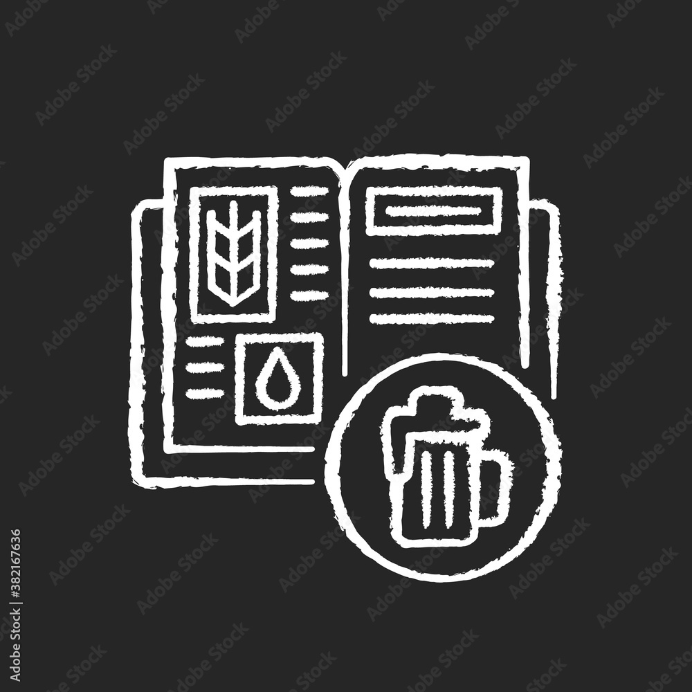 Beer recipe chalk white icon on black background. Brewery production. Lager in bar menu. Ingredients for alcoholic drink. Homebrew beer. Brewing process. Isolated vector chalkboard illustration Beer recipe chalk white icon on black background. Brewery production. Lager in bar menu. Ingredients for alcoholic drink. Homebrew beer. Brewing process. Isolated vector chalkboard illustration