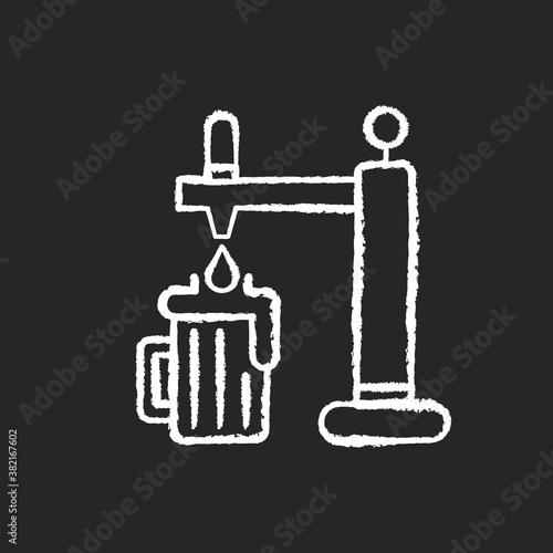 Draught beer chalk white icon on black background. Pouring lager in mug. Beverage from bar. Pub menu. Drink stout from glassware. Craft beer. Isolated vector chalkboard illustration