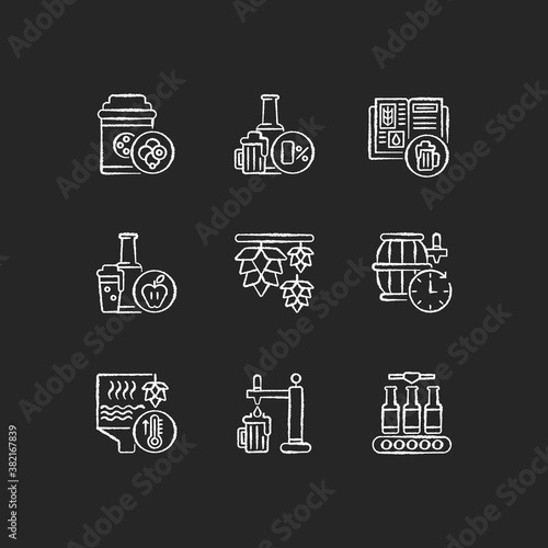 Brewing beer process chalk white icons set on black background. Industrial production of alcoholic drinks. Pub festival with draught beer and cider. Isolated vector chalkboard illustrations