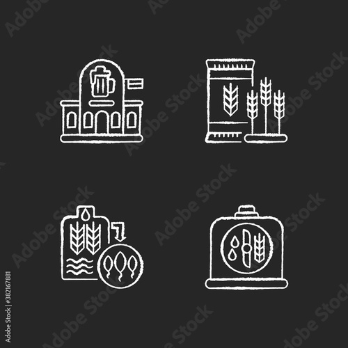 Brewery manufacture chalk white icons set on black background. Pub establishment. Malted barley for industrial production. Beer brewing manufacture process. Isolated vector chalkboard illustrations