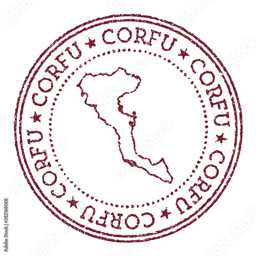 Corfu round rubber stamp with island map. Vintage red passport stamp with circular text and stars, vector illustration.
