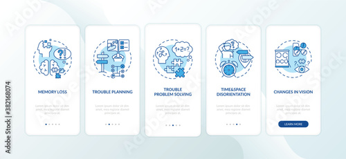 Early signs of dementia blue onboarding mobile app page screen with concepts. Brain health care walkthrough 5 steps graphic instructions. UI vector template with RGB color illustrations