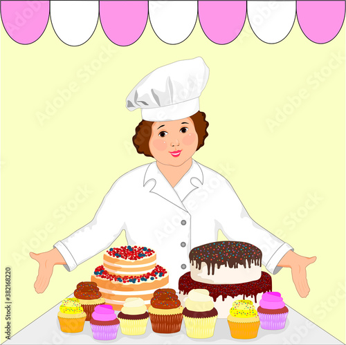 A woman pastry chef in a white coat, cap. Cakes, cupcakes. Vector