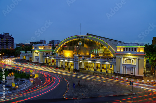 Bangkok, Thailand: August 2, 2020 - Bangkok Railway Station (Hua Lamphong) during twilight, center of mass transit built in Italian Neo Renaissance style.
