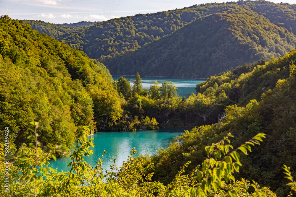 Obraz premium Aerial view over the Plitvice Lakes National park in Croatia during daytime