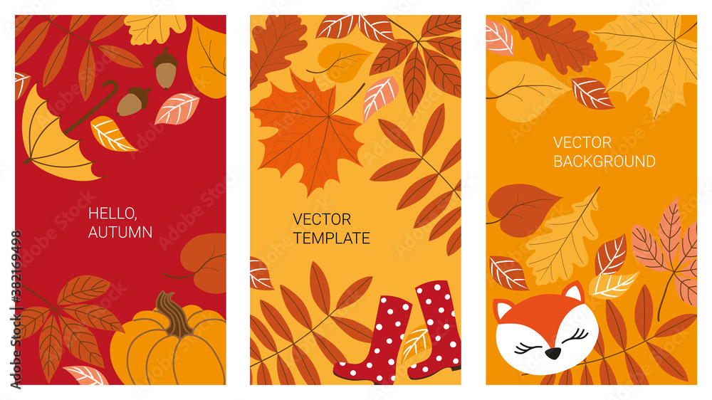 Vector set of autumn abstract backgrounds with copy space for text. Bright vertical banners, posters, cover design templates, social media stories, wallpapers with autumn symbols and leaves. Vector set of autumn abstract backgrounds with copy space for text. Bright vertical banners, posters, cover design templates, social media stories, wallpapers with autumn symbols and leaves.